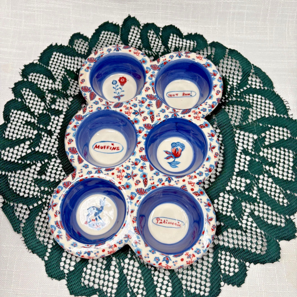 Anthropologie Nathalie Lete Stoneware Muffin / Cupcake Pan Red White & Blue USA